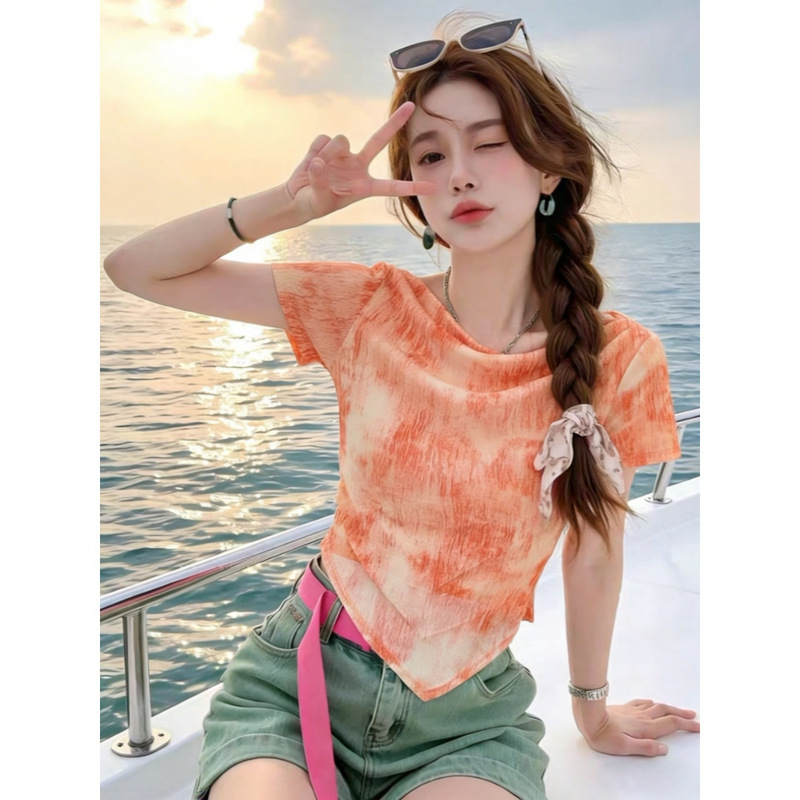 Summer Chic Design Irregular Stylish T-Shirt for Women 2026 New Style Gradient Beautiful Waist-Cinching Versatile Top Summer Chic Design Irregular Stylish T-Shirt for Women 2026 New Style Gradient Beautiful Waist-Cinching Versatile Top