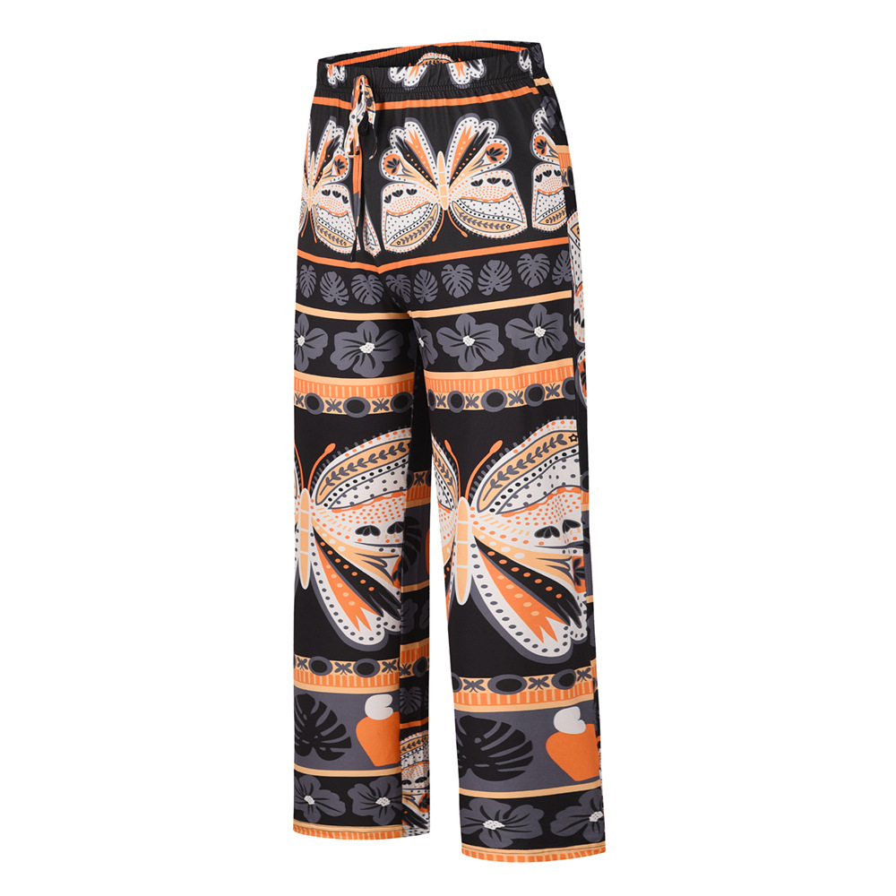 summer high waist wide leg print straight beach trousers NSHYG118518