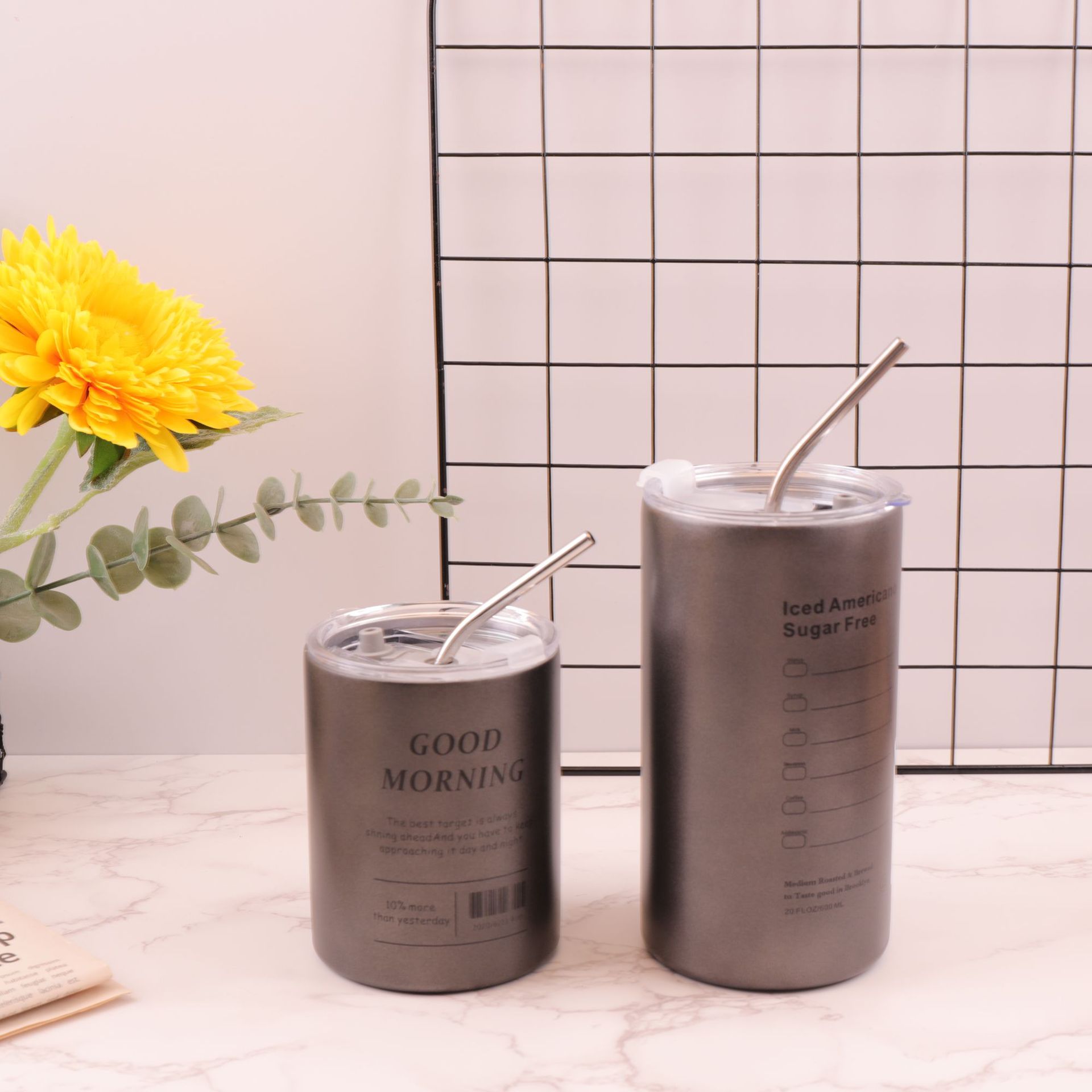 Hielo de vacío transfronterizo Taza de café americana Acero inoxidable Taza de paja con leche portátil de gran capacidad Taza de vacío portátil de coche