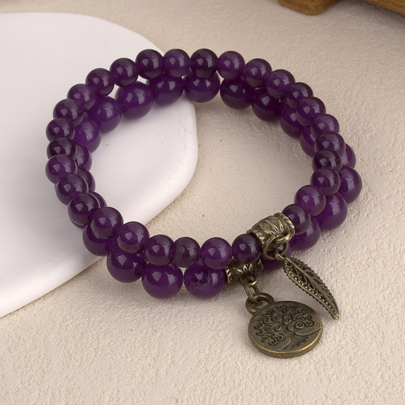 Cross-Border Best-Selling Amazon Versatile Trendy 6m8m Tree of Life Leaf Pendant Colorful Tiger Eye Amethyst Bracelet Set