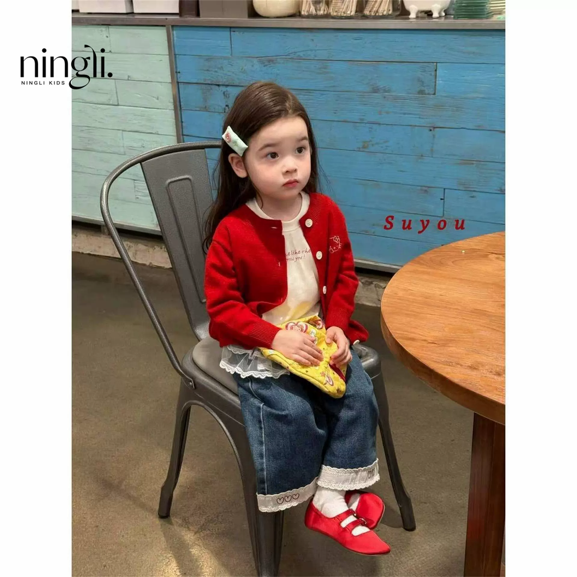 柠里童装25秋季新款女童小童韩版小猫刺绣针织开衫花边牛仔直筒裤
