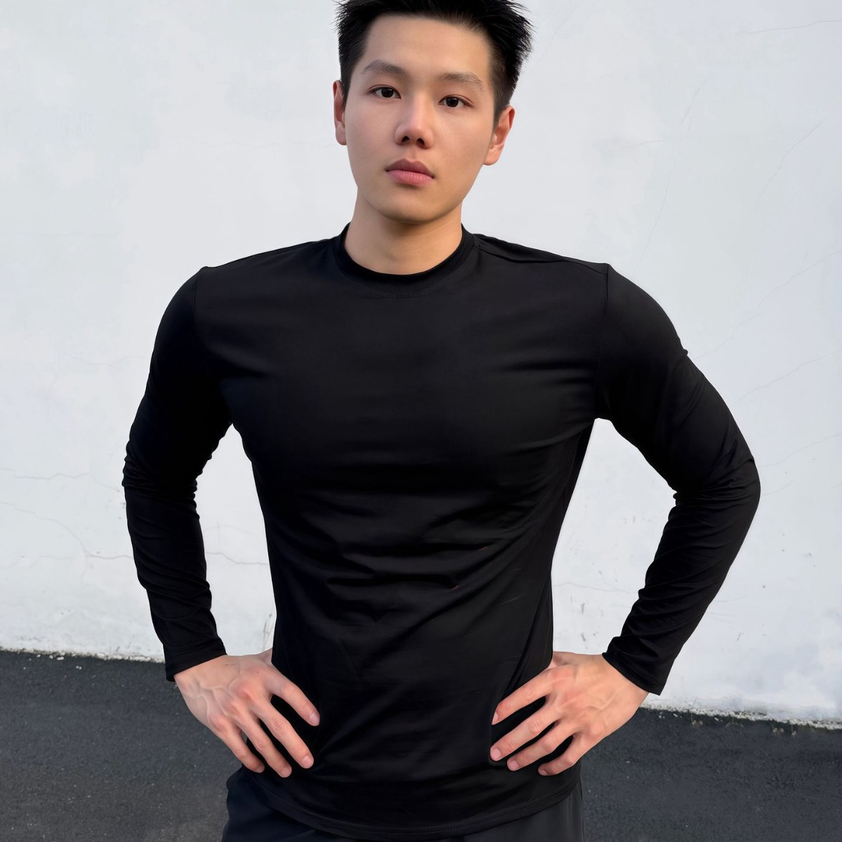 Men's athletic long-sleeve T-shirt, quick-drying and breathable, suitable for fitness training, slim-fit, solid color, base layer, autumn running top