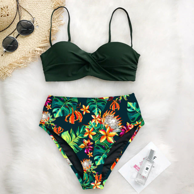 tropical plant print solid color swimwear  NSHL38575