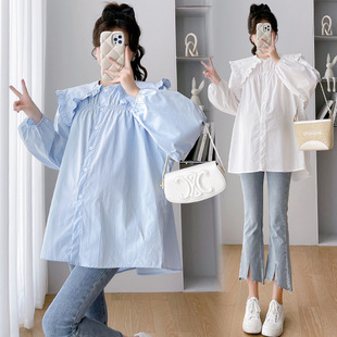 Real shot in stock 2023 pregnant women's autumn new wooden ear loose doll shirt top