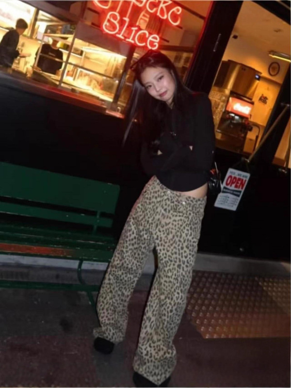 jennie金智妮同款美式复古豹纹阔腿牛仔裤女直筒显瘦宽松休闲裤子|undefined