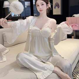 批发性感睡衣女冰丝吊带长袖长裤三件套带胸垫高级感轻奢风家居服