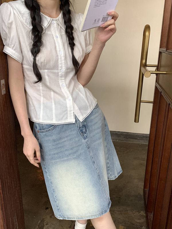 馨帮帮  自制学院风甜美娃娃领收腰系带短袖衬衫女设计感辣妹上衣|undefined