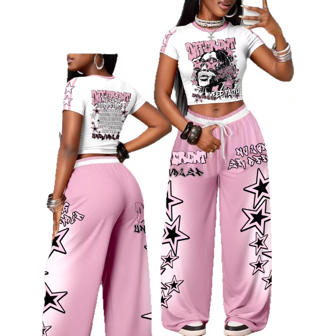 Completo due pezzi donna crop top stampato e pantaloni ampi_voghion.com