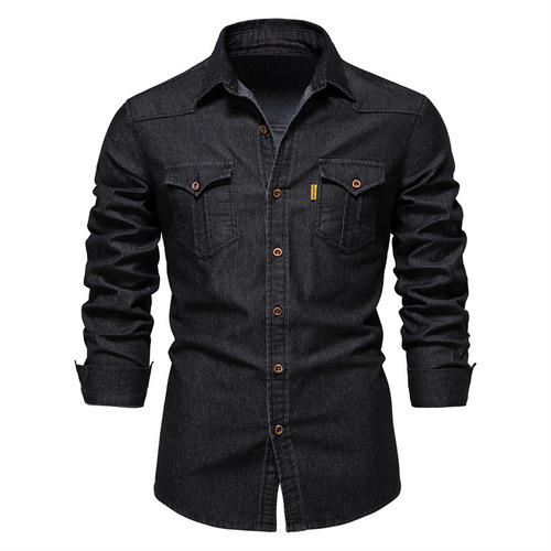 2024 Men's Foreign Trade Cross-border European Code Denim Collared Shirt Men's Casual Solid Color Men's Denim Long Sleeve Shirt