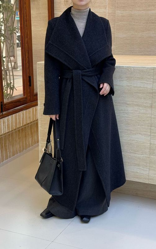 大翻领双面羊绒 加长款大衣女宽松系带简约设计感加厚款羊毛外套|undefined