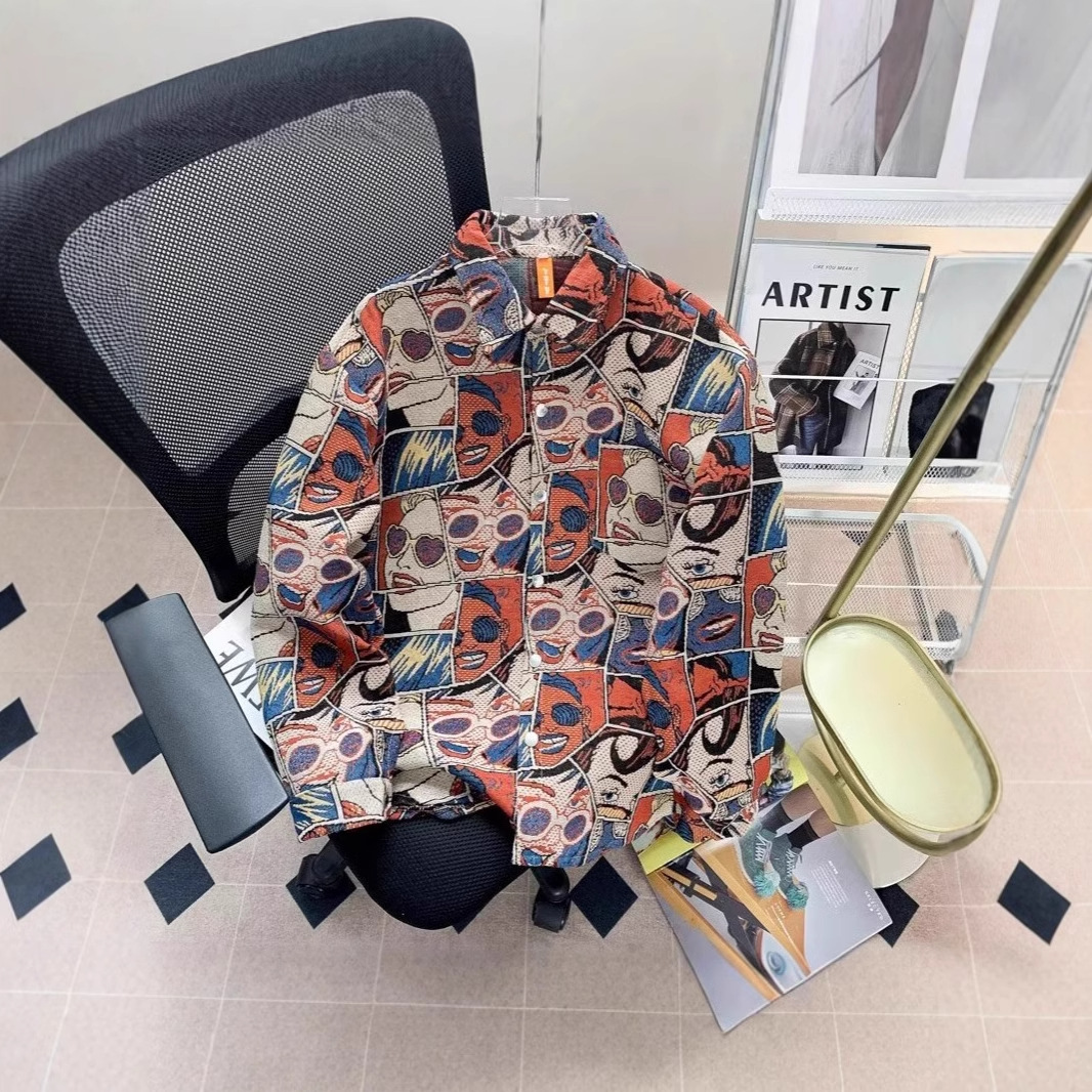 봄과 가을 트렌디 한 브랜드 새로운 잘 생긴 자카드 작업 재킷 남성 미국 디자인 복고풍 재미있는 만화 재킷