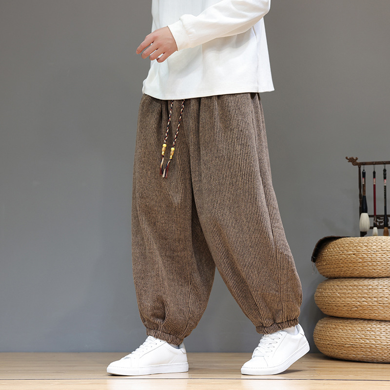 2025秋冬新款跨境中国风男士条纹复古阔腿休闲裤束脚哈伦灯笼裤男