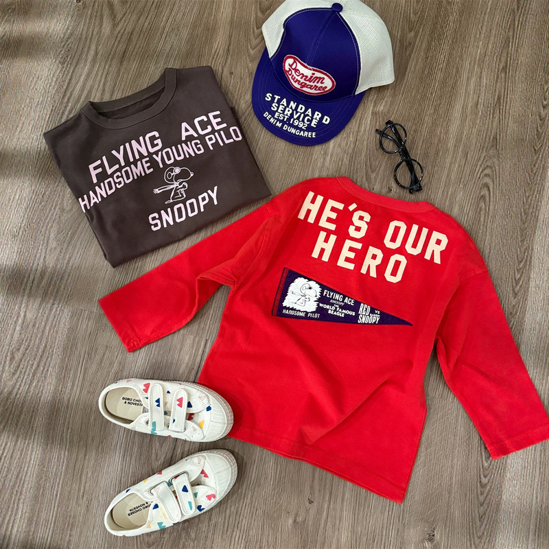 Children's Japanese-style T-shirt 2026 Autumn New Fashionable Flocked Patched Base Shirt for Boys and Girls, Baby Pure Cotton Top Children's Japanese-style T-shirt 2026 Autumn New Fashionable Flocked Patched Base Shirt for Boys and Girls, Baby Pure Cotton Top
