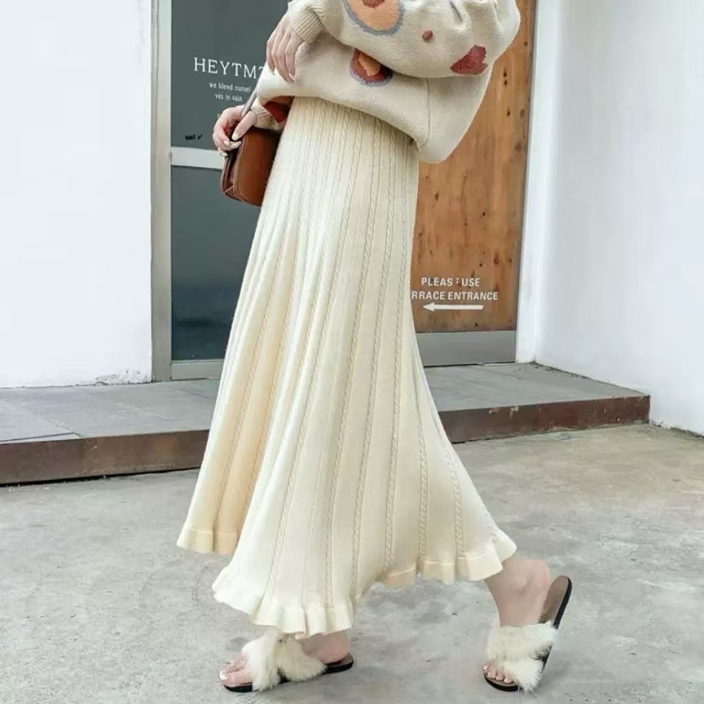 Autumn and Winter Mid-length Ruffled Skirt Women's Knitted High-waisted Slim-fit Small Spice Girl Interior A- line Skirt Knitted Skirt