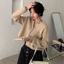 翻领单排扣口袋纯色针织开衫女2025秋冬新款韩版时尚短款毛衣外套