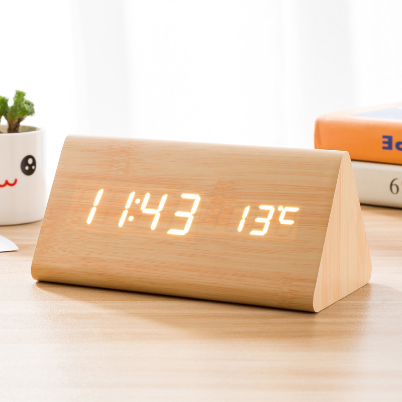 亚马逊爆款产品复古日韩木制闹钟温度计LED静音电子创意木头座钟