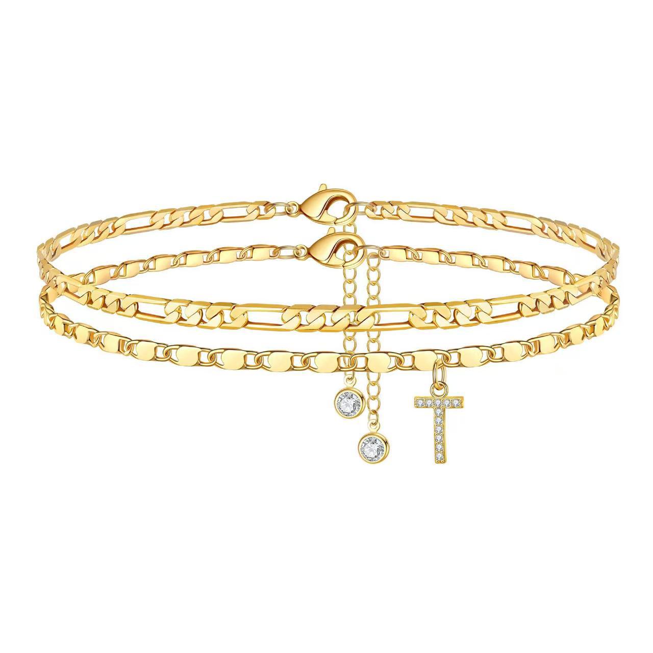14K Gold Plated Layered Figaro Chain Anklet Set with CZ Initials for Women Fashionable Summer Gift Classic Hip-Hop Style Metal Jewelry_voghion.com