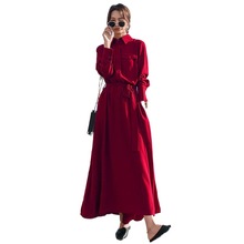 法式红色衬衫连衣裙女春秋2023年新款春装赫本风气质收腰长裙