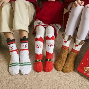 Coral velvet socks women's lint-free Christmas socks embroidered elk floor socks sleep socks thickened warm parent-child socks