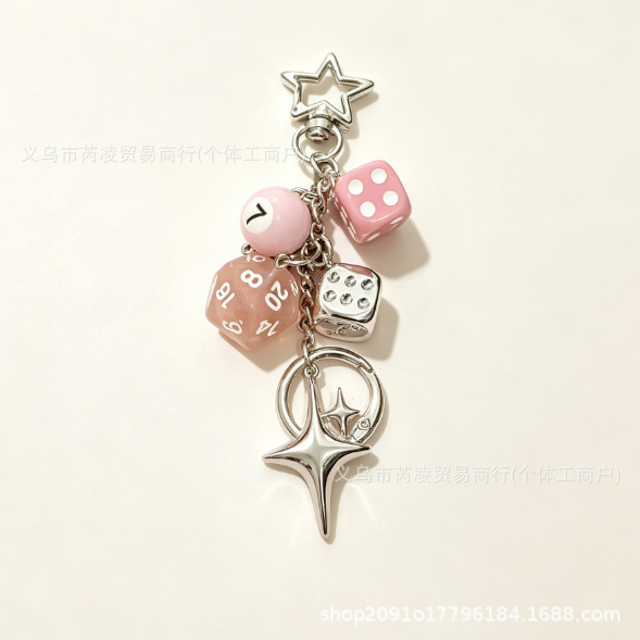 Sweet and cool style personalized dice keychain, black eight-ball polyhedral dice star pendant, bag charm wholesale Sweet and cool style personalized dice keychain, black eight-ball polyhedral dice star pendant, bag charm wholesale