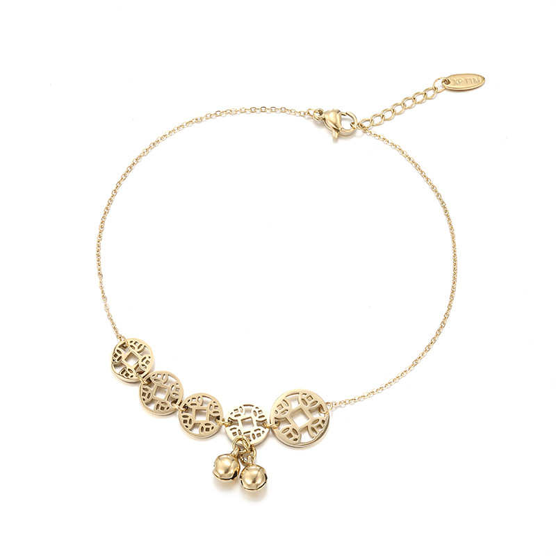 Xuping acero inoxidable chapado 14k color simple retro nicho sentido de diseño de monedas de bronce campanas de moda personalidad pulsera de tobillas mujeres