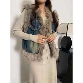 名媛风爆款女装2025年冬季新款洋气时尚百搭显瘦毛毛边牛仔马夹潮