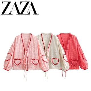 ZAZA 自制欧美风 批发女装 时尚百搭气质三色色格纹爱心织带衬衫
