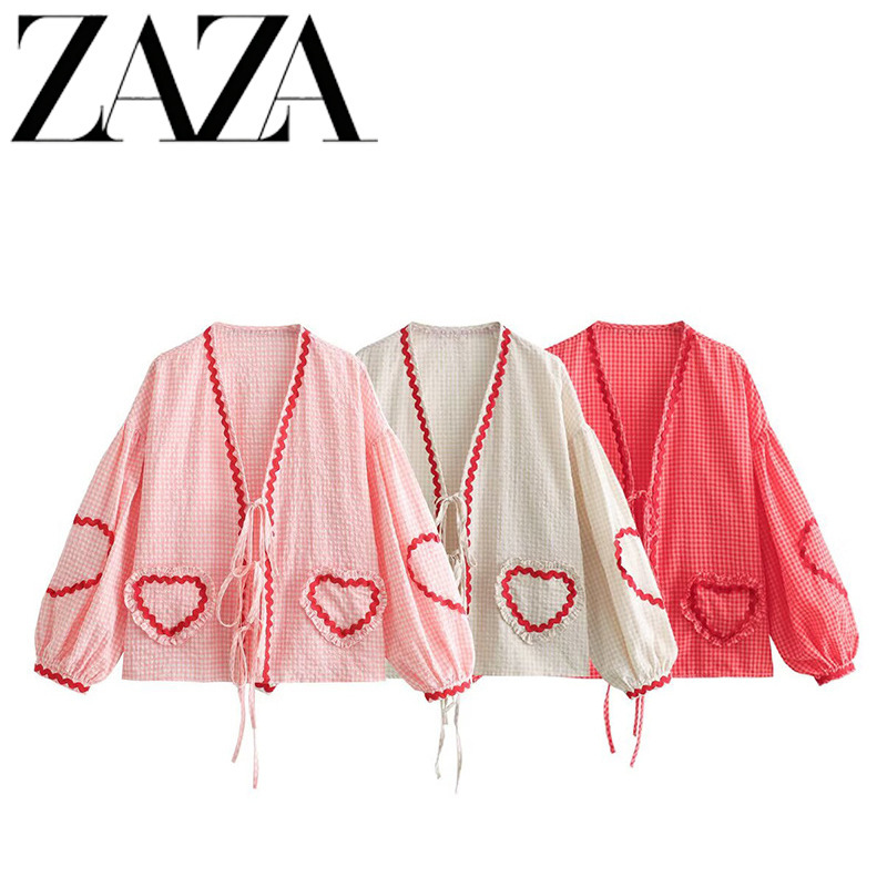 Zaza Self-Made European and American Style Wholesale Women's Clothing, Fashionable and Versatile Three-Color Plaid Heart-Patterned Ribbon Shirt