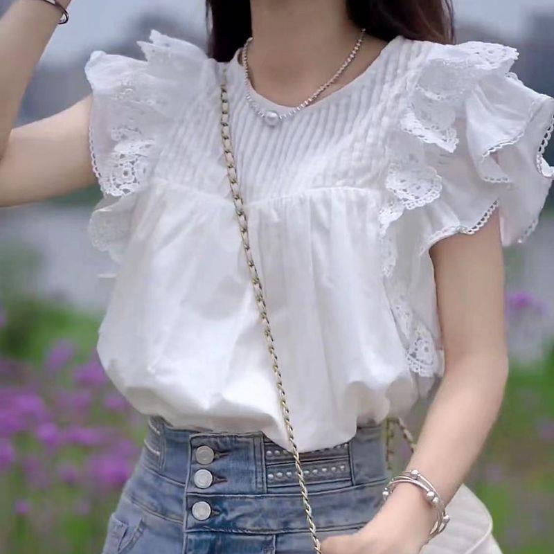 White top for women 2023 Summer new fairy sweet lotus leaf lace double-layer flying sleeve age-reducing all-match small shirt