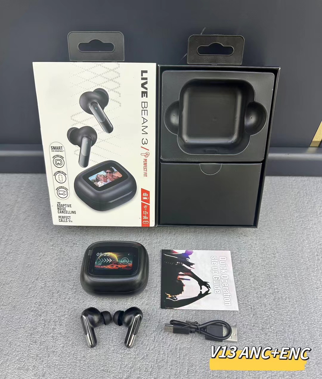 Nuevos productos transfronterizos LIVE BEAM3 auriculares inalámbricos TWS Bluetooth dual micrófonos ANC ruido reducción de graves llamadas multifuncionales
