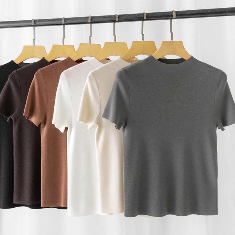 60-Count Yangzi Wool Sweater for Women, Round Neck, Slim Fit, Versatile Wool Base Shirt, Short-Sleeved, New Spring/Summer Fine Wool