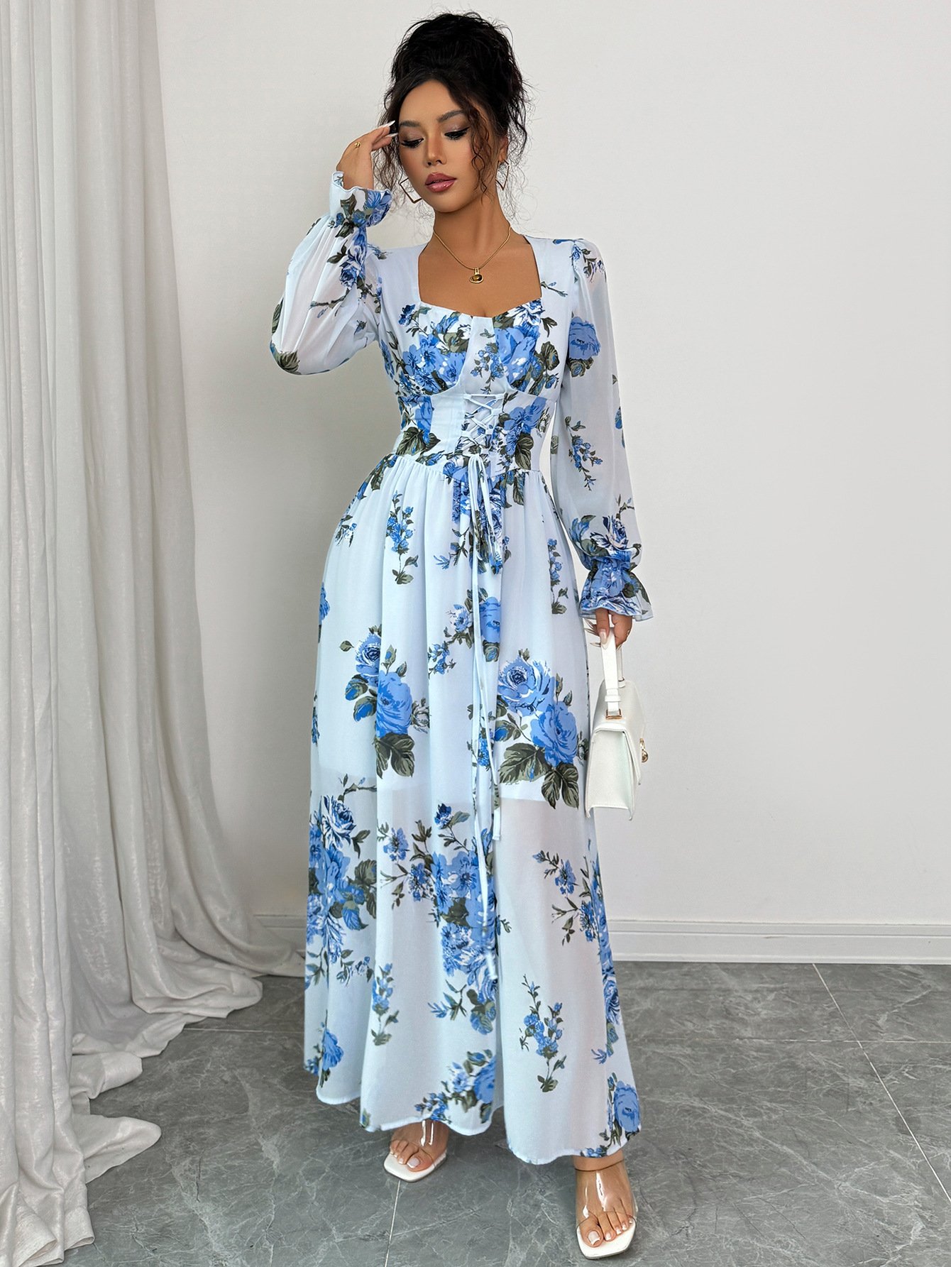 Women's Elegant Simple Printed Long Sleeve Dress Ruffled Trim Autumn Winter Fashion Offering Both Style And Comfort_ecoleips.com
