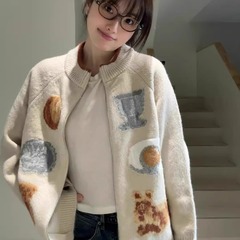 学院风针织开衫女春秋季新款毛衣外套韩系拉链提花宽松慵懒风上衣