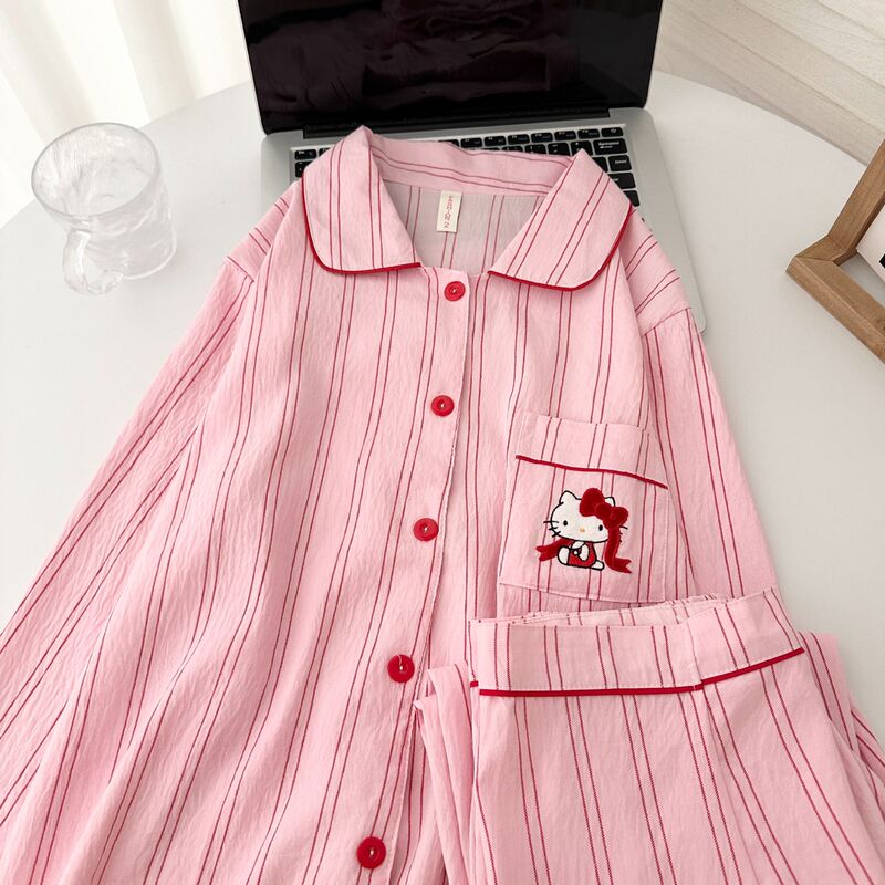 条纹kitty睡衣女春秋长袖长裤云朵棉卡通可爱学生宽松家居服套装|undefined