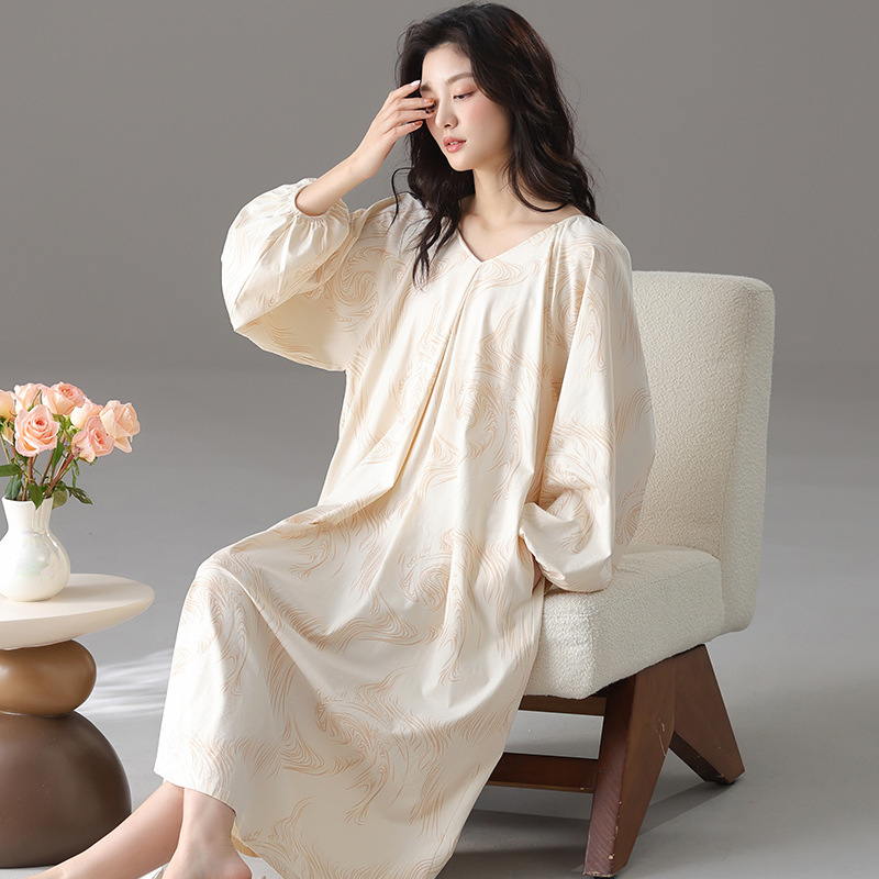 Spring and Autumn Nightgown Women's Knitted Cotton Long-sleeved dress Pajamas Outwear High-end Loose plus size Long Dress Home Clothes