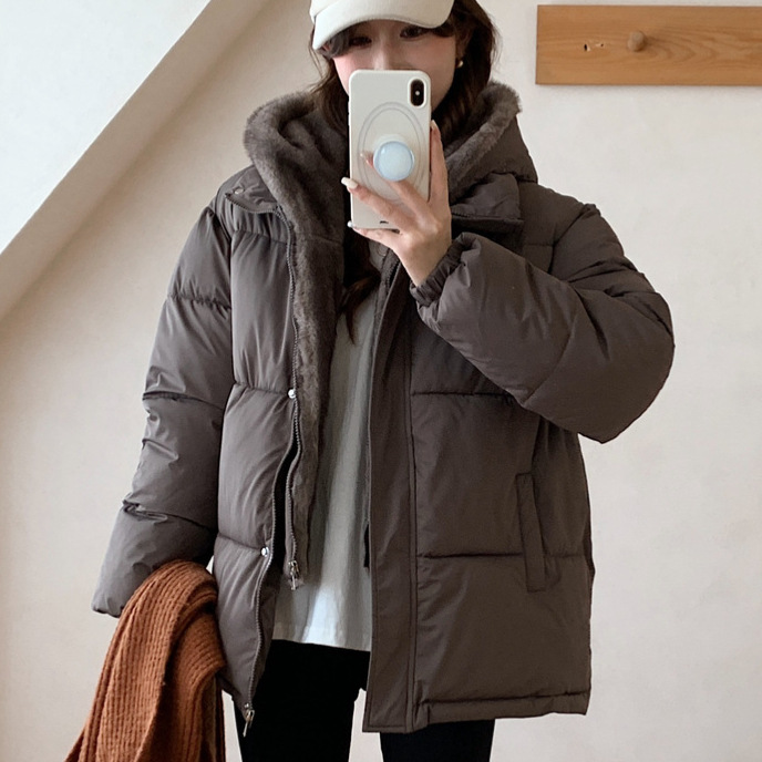 Falso de dos piezas de algodón empalmado de lana mujer 2025 invierno nuevo estilo coreano suelto chaqueta de plumón gruesa chaqueta de pan caliente