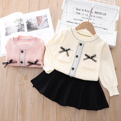 Girls' Korean Style Knitted Set Dress, Little Girl 90-130 Size Trendy Crew Neck Sweater Pleated Skirt Two-Piece Set Wholesale