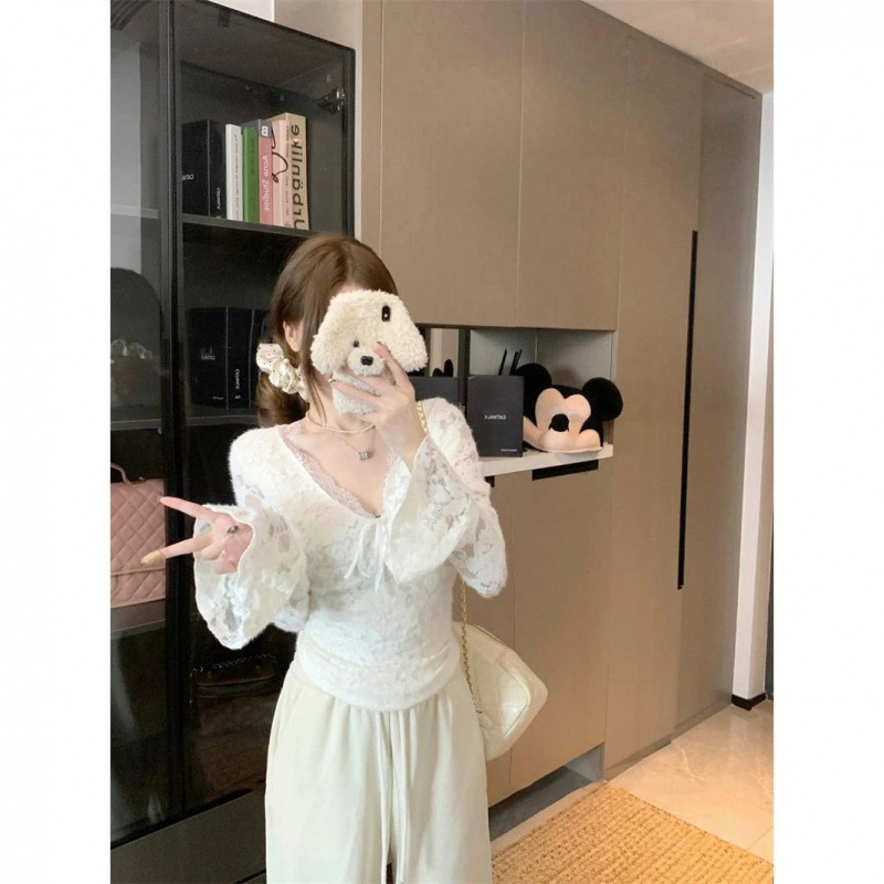 秋冬季小个子纯欲风蕾丝内搭加绒显瘦收腰打底衫长袖V领蕾丝上衣|undefined