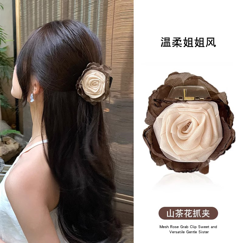 Nuevo estilo chino retro camellia flores agarrar clip de cabello medio atado clips de cabello feminino de alto nivel detrás del cerebro clips de pez tocado