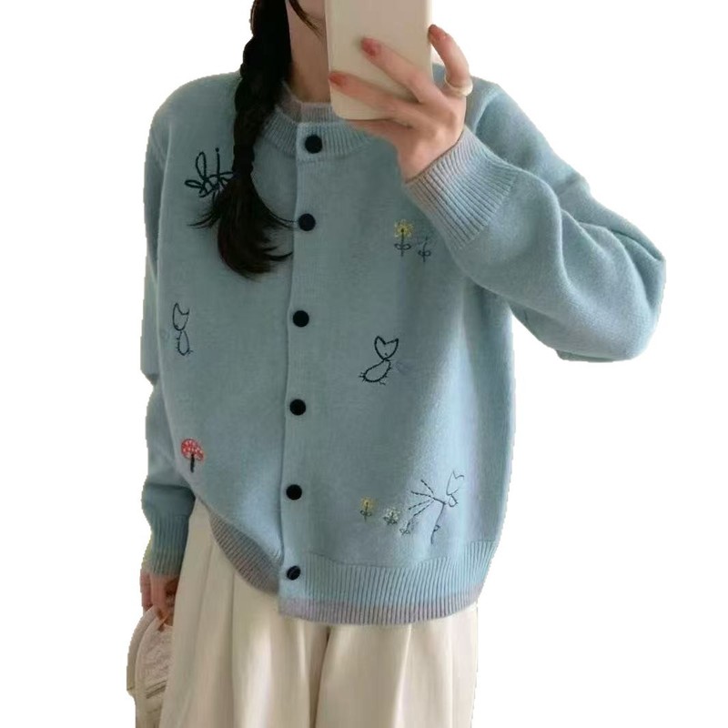 日系小狗刺绣毛衣外套女秋冬季软糯慵懒风甜美小个子针织开衫上衣|undefined