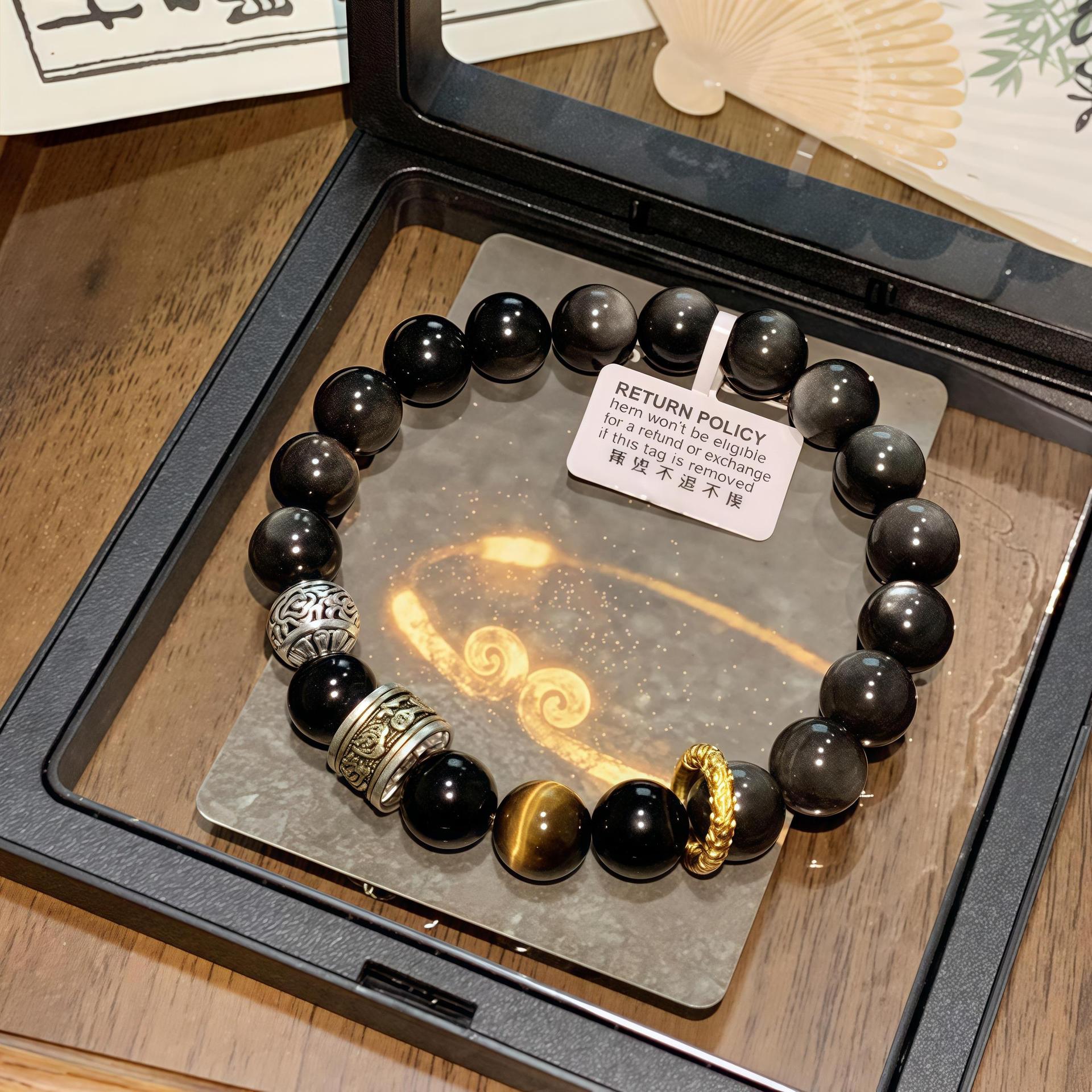 Silver Obsidian and Gold Obsidian Bracelets for Men and Women, Good Luck Six-Word Mantra Buddhist Beads, Crystal Bracelets, Men's Light Luxury
