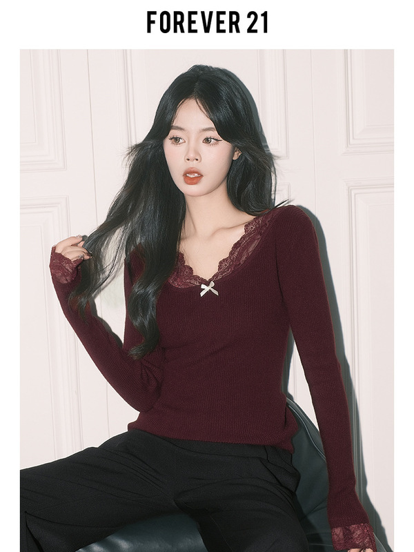 Forever21纯欲杏色蕾丝拼接V领上衣女秋冬法式打底长袖修身针织衫|undefined