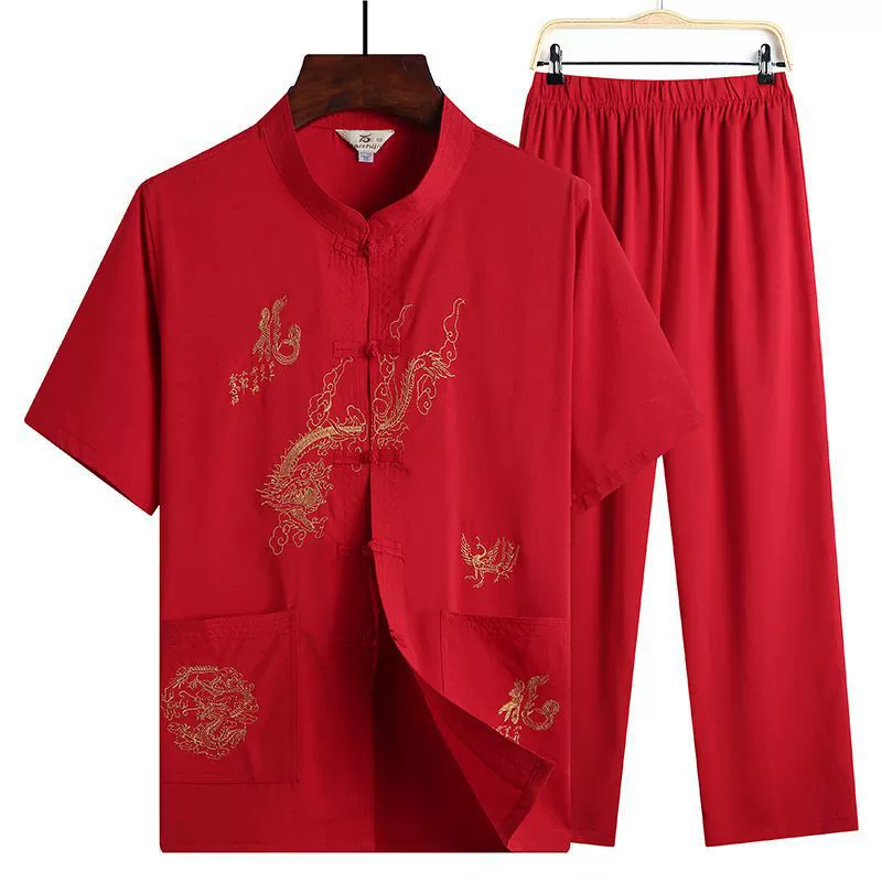 Китайский стиль папа, дедушка, костюм с короткими рукавами, топ с пряжкой, ретро Hanfu, костюм для среднего и пожилого возраста весной и летом