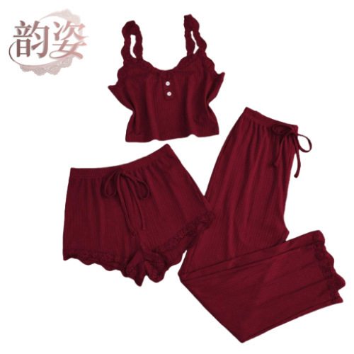 Cross-Border Popular Sexy Home Wear, Sexy Suspender Lingerie, Shorts and Long Pants Set, High Elasticity Women's Pajamas Wholesale