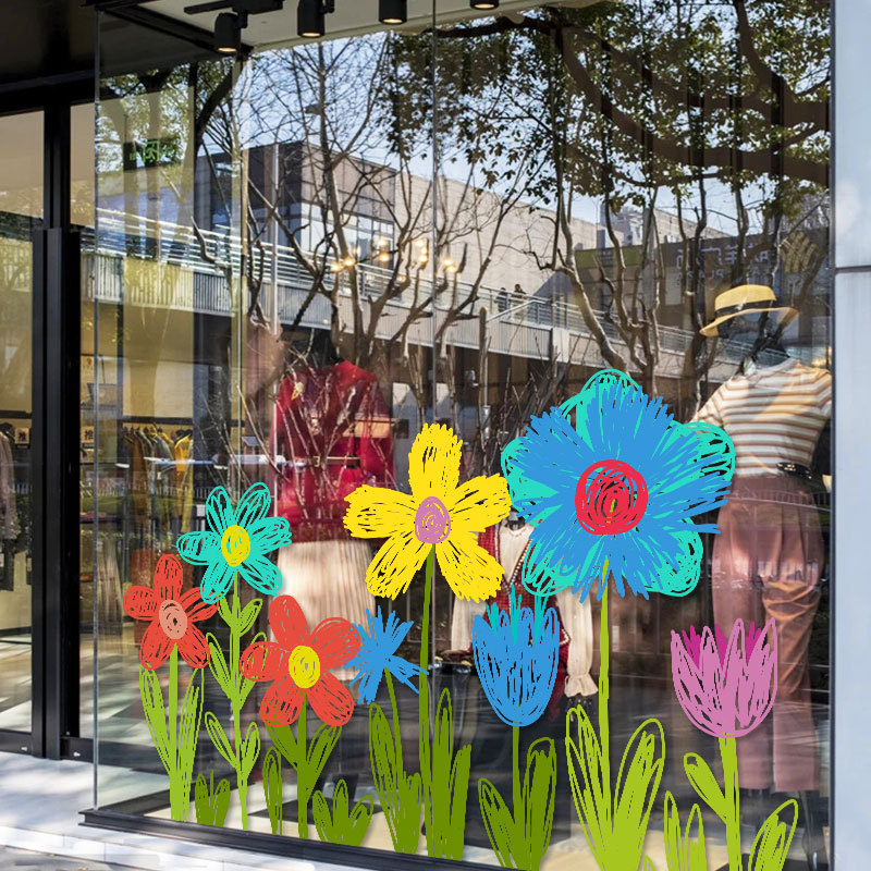 图迩网红店手绘小花玻璃橱窗贴母婴蛋糕烘培店幼儿园春季卡通