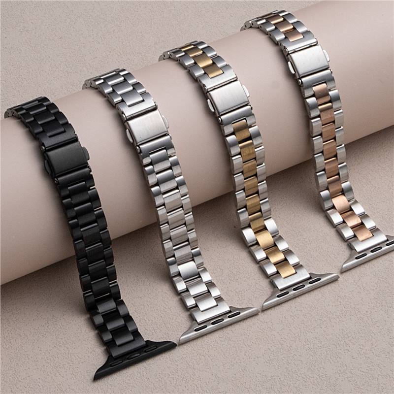 Suitable for Apple applewatch Women's Three Bead Solid Small Man Waist Stainless Steel Folding Buckle Iwatch Watch Strap