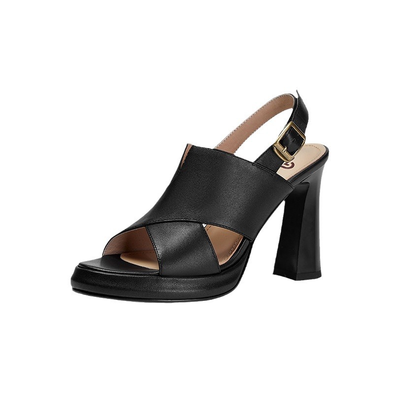 Sandal cao gót nữ quai ngang hở ngón da cừu cao cấp gót 10 cm — Màu đen