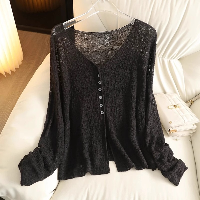 Corea del estilo perezoso viento de cuello V texturas de lino de punto Cardigan de primavera y verano de mujeres agujeros camisetas respirables de protección solar blusa delgada image 5