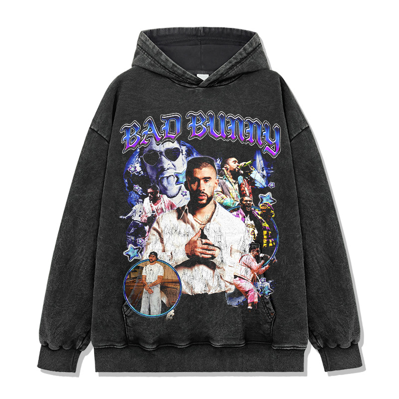 Cross-border hip-hop bad bunny Bad Bunny printed short-sleeved T-shirt wash long-sleeved round neck loose hooded sweatshirt men