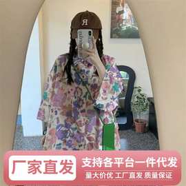 Wz撞色花朵印花短袖衬衫女夏季2024新款宽松显瘦学生百搭扎染衬衣